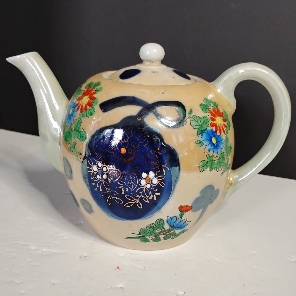 Antique Japan Pottery Teapot With Lid Porcelain Hand painted